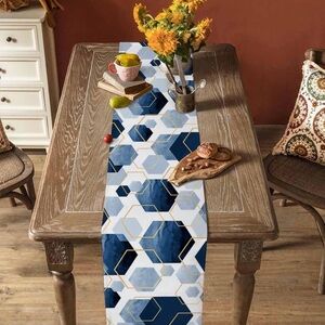 Watercolor Geometric Blue and Gold Table Runner 13”x108”